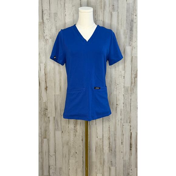 Jaanuu Women's Small V-Neck Blue Scrub Top Short Sleeve Workwear - Picture 1 of 4